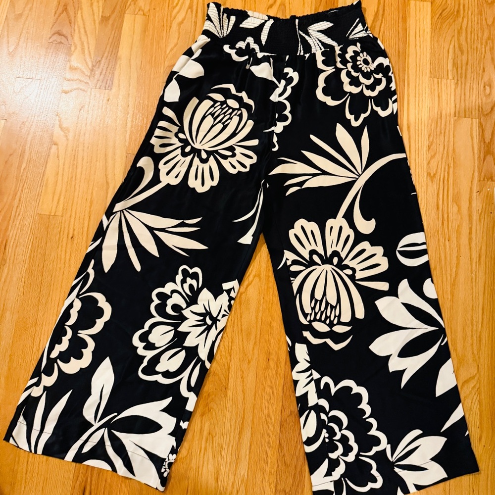 Anthropologie Maeve Floral Black and Cream Wide Leg Pants
